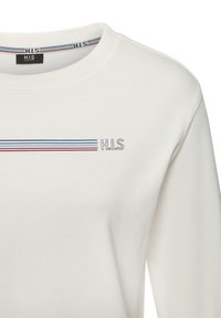 White sweatshirt featuring a crew neck, embroidered "H.I.S" logo, and multicolored striped accents across the chest in blue, red, and navy.
