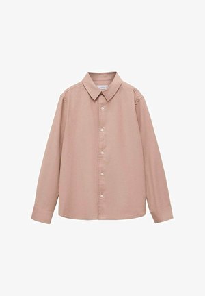 Light pink long-sleeve shirt with a button-front, pointed collar, and smooth texture. Features white buttons running down the front.