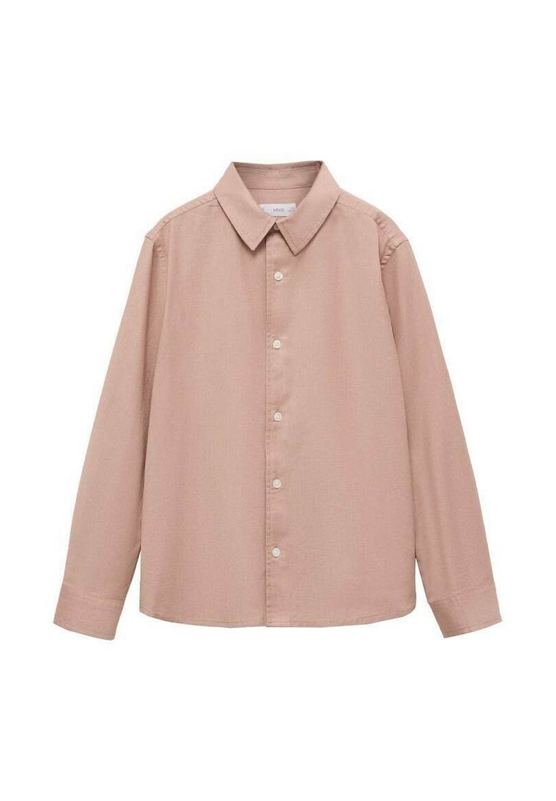 Svetlo roza majica z dolgimi rokavi in gumbnim zapenjanjem, koničast ovratnik in gladka tekstura. Ima bele gumbe, ki so razporejeni po sprednji strani.