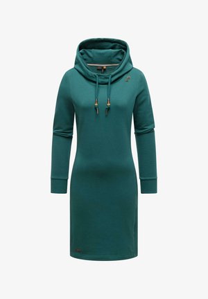 Teehlfarbendes Hoodie-Kleid mit langen Ärmeln, einem Schalkragen mit Kordeln und dekorativen Knöpfen. Hergestellt aus weichem, dehnbarem Material.