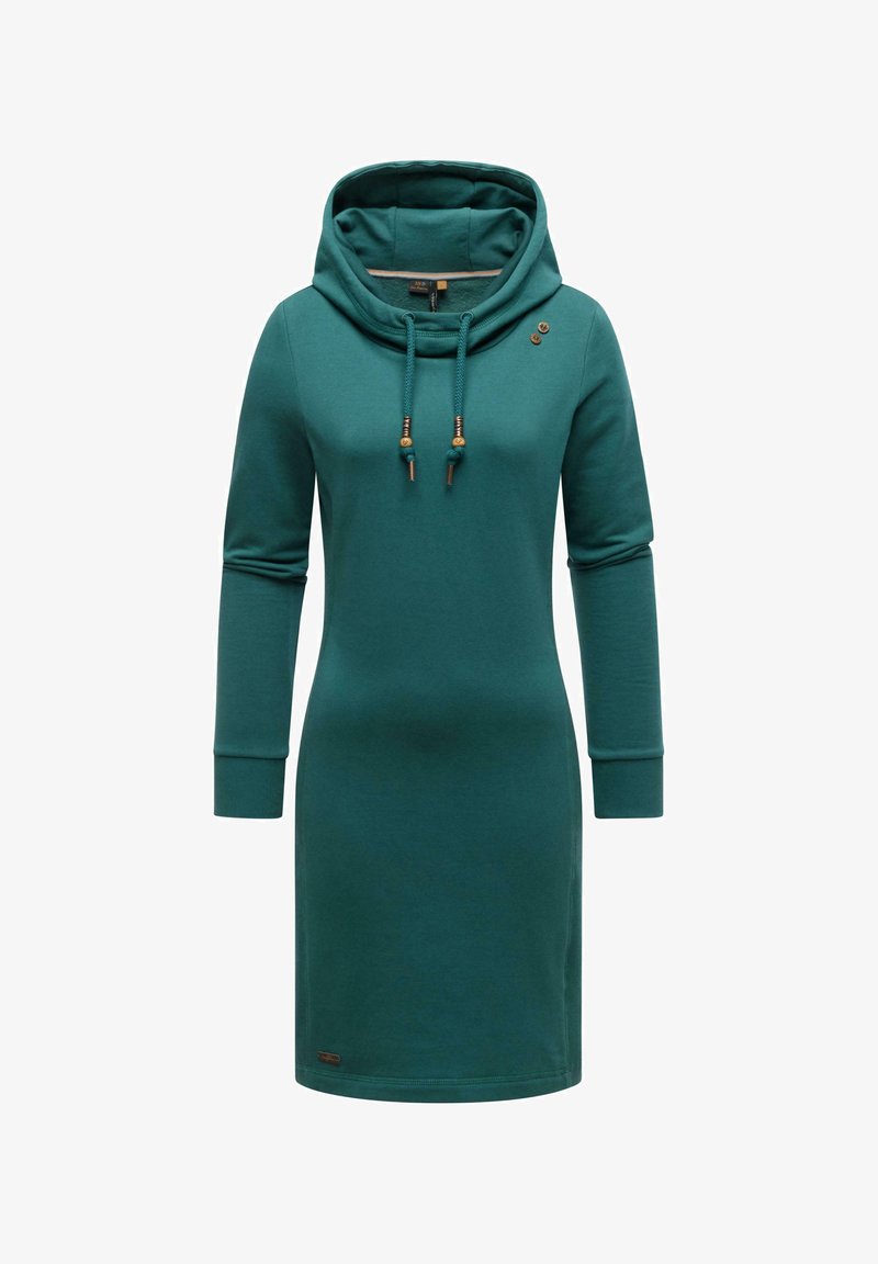 Teal huppari-mekko, jossa on pitkät hihat, huppu nyöreillä ja koristepainikkeet. Valmistettu pehmeästä, joustavasta materiaalista.