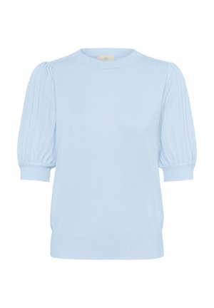 Hele sinine lühikeste varrukatega kootud kampsun, millel on paelutatud soonikud ja ümar kaelus.