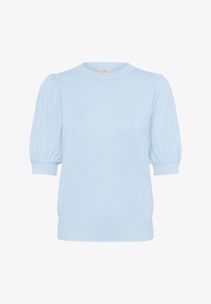 Hele sinine lühikeste varrukatega kootud kampsun, millel on paelutatud soonikud ja ümar kaelus.