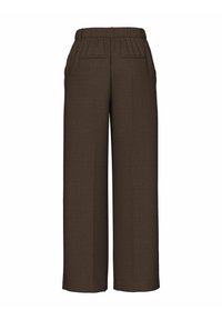 Smeđe hlače širokih nogavica s visokim strukom, dva stražnja džepa i teksturiranim uzorkom tkanine.