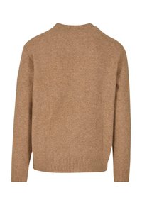 Maglione beige chiaro, dal tessuto morbido, con scollo rotondo, polsini e orlo a costine. Design semplice senza motivi o dettagli visibili.