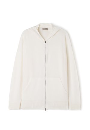 Hættetrøje med lynlås i blødt, cremefarvet stof med to frontlommer, ribbede manchetter og kant. Har et minimalistisk design og en glat tekstur.