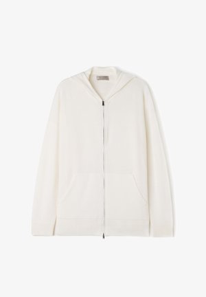 Kapturowa bluza z zamkiem błyskawicznym, wykonana z miękkiej, kremowej tkaniny, z dwoma przednimi kieszeniami oraz ściągaczami na mankietach i u dołu. Charakteryzuje się minimalistycznym stylem i gładką strukturą.