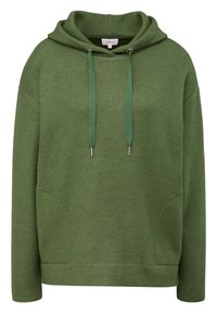 Groene hoodie met een losse pasvorm, kangoeroezak en trekkoorden. Gemaakt van zachte stof met een gestructureerde afwerking. Voorzien van geribde boorden.