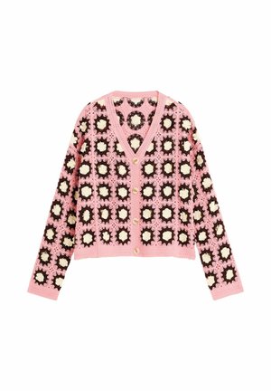 Roosa heegeldatud kardigan kreemika ja pruuni lillemustriga ruudukestega, pikad varrukad, V-kaelus ja neli esinööpi.