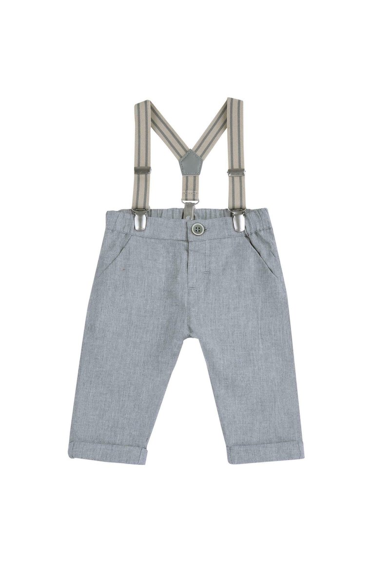 Pantalon gris avec bretelles réglables rayées gris et beige, coupe droite, poches avant et fermeture à bouton.