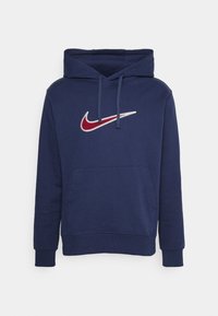 Mörkblå huvtröja med ficka fram och röd och vit swoosh-logga på bröstet, med dragsko i huva och ribbade muddar.