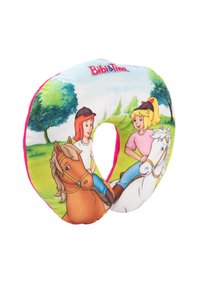 Cuscino morbido a forma di U con un design stampato colorato che raffigura due ragazze a cavallo, con un bordo rosa e uno sfondo paesaggistico. Marca: Bibi & Tina.