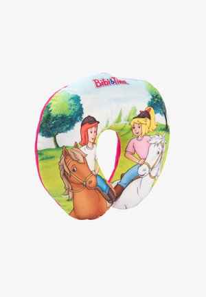 Cuscino morbido a forma di U con un design stampato colorato che raffigura due ragazze a cavallo, con un bordo rosa e uno sfondo paesaggistico. Marca: Bibi & Tina.