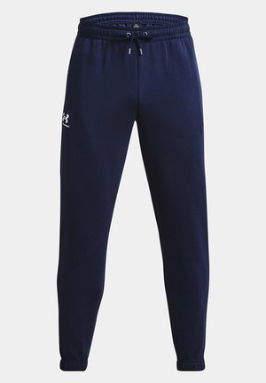 Mørkeblå sweatpants lavet af blød stof, med elastisk talje og snoretræk, samt tætsiddende ribkanter ved anklerne. Enkel logo detalje.