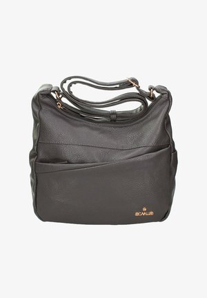 Donkergrijze leren handtas met een zachte, korrelige textuur, voorzien van een bovenste ritssluiting, verstelbare schouderbanden en een voorvak. Accent in gouden tint.