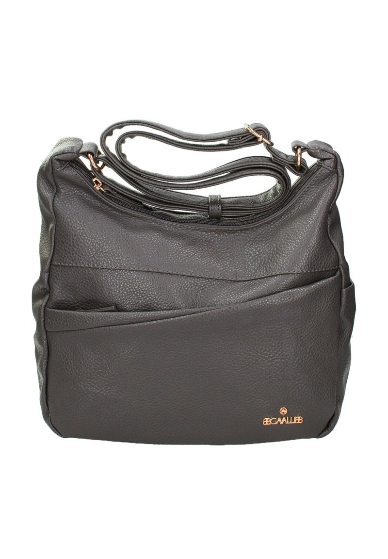 Borsa a mano in pelle grigio scuro con una morbida texture pebblata, dotata di chiusura con zip superiore, spallacci regolabili e una tasca frontale. Accento con logo in tonalità oro.