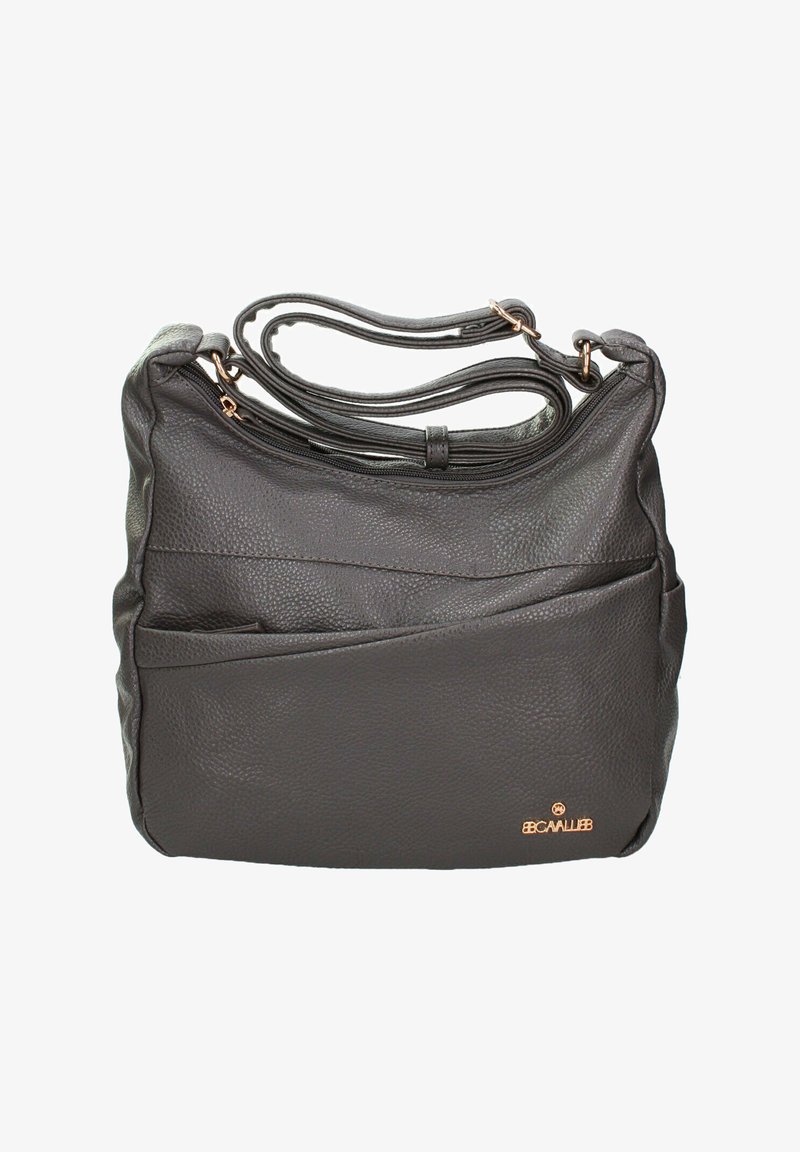 Borsa a mano in pelle grigio scuro con una morbida texture pebblata, dotata di chiusura con zip superiore, spallacci regolabili e una tasca frontale. Accento con logo in tonalità oro.