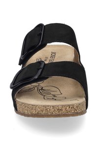 Sandali scivolosi in suede nero con due fibbie nere regolabili, soletta in sughero e un design floreale sulla soletta interna. Suola piatta.