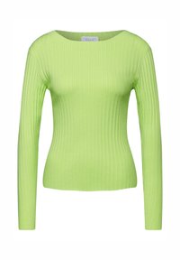 Top a manica lunga a coste di un brillante verde lime; design aderente con un ampio scollo. Texture liscia e sottili linee verticali.