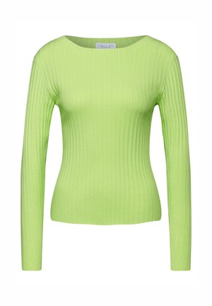 Prążkowany top z długim rękawem w jaskrawym limonkowym kolorze; dopasowany krój z szerokim dekoltem. Gładka tekstura i delikatne pionowe linie.