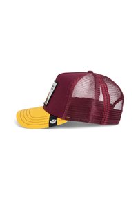 Red and yellow cap with a structured front, mesh back, and a curved visor. Features a label on the front and contrasting stitching.