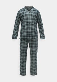 Σετ πιτζάμας από βαμβάκι σε καρό σχέδιο, περιλαμβάνει πουκαμίσα με κουμπιά, κολάρο, μακριά μανίκια και αντίστοιχα παντελόνια με λάστιχο στη μέση. Πράσινες και μαύρες αποχρώσεις.