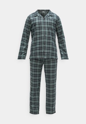 Set di pigiama in cotone a quadri con camicia con bottoni e colletto, maniche lunghe e pantaloni abbinati con cintura elastica. Colori verde e nero.