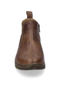 Braune Leder-Ankle-Boots mit glatter Oberfläche, seitlichem Reißverschluss, runder Zehenform und einer Schlaufe für einfaches Anziehen. Gummisohle, flaches Design.