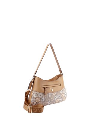 Borsa a tracolla in pelle color cuoio e con fantasia, tasca frontale con zip e tracolla regolabile in tessuto marchiato.