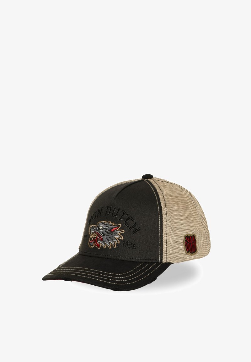 Casquette en mesh noir et beige avec un emblème de loup et « Von Dutch 1929 » brodé à l'avant, ainsi qu'un petit patch rouge « Von Dutch » sur le côté.