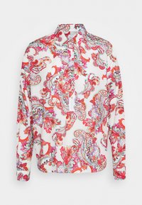 Långärmad skjorta med ett livligt blommigt paisley-mönster i röd, rosa och turkos på en vit bakgrund; tyget verkar vara lätt.