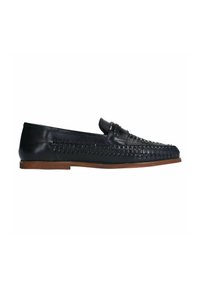 Navy leather loafers with woven detailing along the sides, a flat brown sole, and a smooth round toe design.