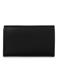 Portafoglio nero in pelle liscia. Forma rettangolare con linee pulite, caratterizzato da cuciture lungo i bordi e un design minimalista.
