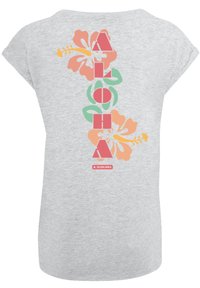 Graues T-Shirt mit kurzen Ärmeln, das ein buntes "ALOHA"-Design mit Hibiskusblüten in Pink, Orange und Grün auf dem Rücken zeigt.