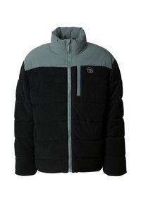 Vattert jakke med sort underdel og lysegrå overdel. Glatt tekstur med høy krage og glidelås foran.