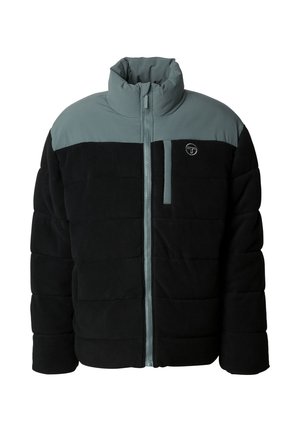 Kurtka pikowana z czarną dolną częścią i jasnoszarą górną sekcją. Gładka faktura, wysoki kołnierz i zapięcie na zamek z przodu.