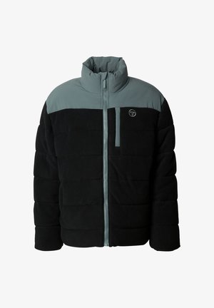 Prošívaná bunda s černou spodní polovinou a světle šedou horní částí. Hladká textura s vysokým límcem a zapínáním na zip vpředu.