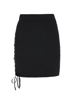 Zwarte geribbelde gebreide minirok met veterdetail en strikjes aan de linkerkant, voorzien van een aangesloten tailleband.