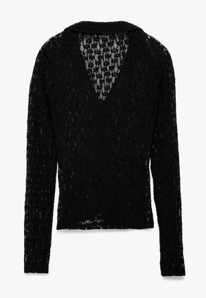 Zwarte lange mouw sweater met een textuur van kant, een V-halslijn en een kraag, met een licht losse pasvorm en doorzichtig materiaal.