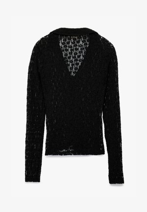Zwarte lange mouw sweater met een textuur van kant, een V-halslijn en een kraag, met een licht losse pasvorm en doorzichtig materiaal.