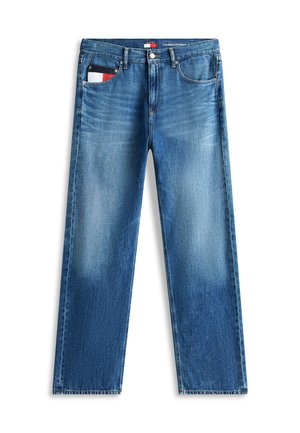 Blå denimjeans med rette ben, frontlommer, knapp- og glidelåslukking, og synlig merkeetikett på innsiden av linningen.