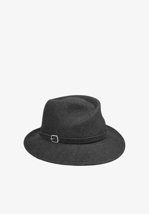 Dark gray felt fedora hat with a creased crown and a thin adjustable strap with metal buckle around the base.