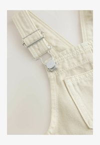 Pantalones generales a rayas beige con un broche y clip de metal plateado, con detalles de costura visibles y un bolsillo en la parte delantera. Textura de tela suave.