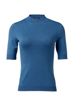 Blaues Strickoberteil mit kurzen Ärmeln und hohem Kragen, aus weichem Material gefertigt. Mit gerippten Bündchen und Saum, bietet eine figurbetonte Silhouette.