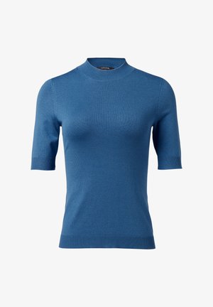 Blauw gebreid t-shirt met korte mouwen en een hoge halslijn, gemaakt van zachte stof. Kenmerkt zich door ribgebreide manchetten en een zoom, wat zorgt voor een getailleerde silhouet.