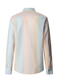 Chemise à manches longues boutonnée avec des rayures pastel verticales en bleu, orange, rose et vert, vue de dos.