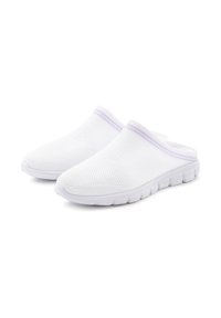 White slip-on shoes made of breathable mesh. Features a purplish accent on the collar and a flexible white outsole with grooves.