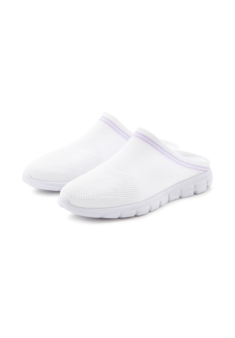 White slip-on shoes made of breathable mesh. Features a purplish accent on the collar and a flexible white outsole with grooves.