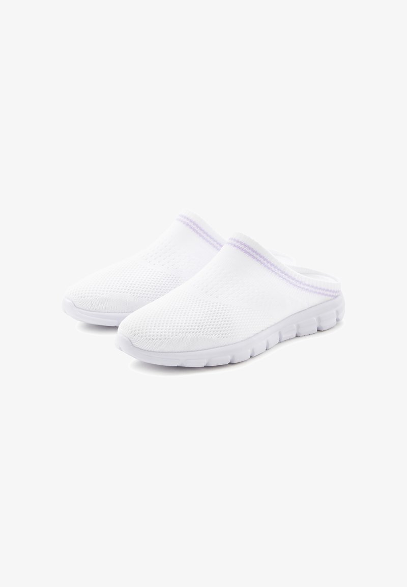 White slip-on shoes made of breathable mesh. Features a purplish accent on the collar and a flexible white outsole with grooves.