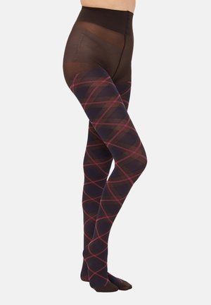 Medias negras transparentes con patrón geométrico de diamantes en púrpura oscuro y rosa, diseño de cintura alta, textura suave y puntera reforzada.